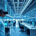 A modern university campus with advanced technology labs, students using VR headsets, robotics, and AI interfaces, sleek futuristic architecture with glass and steel, digital displays showing data streams, clean and professional environment, no text or signage visible