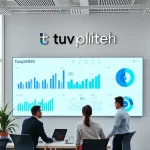 A modern office environment with professionals collaborating at a digital dashboard showing business process optimization metrics, subtle integration of the text 'tuvpoliteh' as part of a sleek corporate logo on a wall or screen, clean minimalist design, soft natural lighting, high detail, professional atmosphere