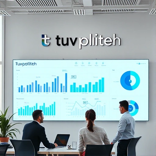 A modern office environment with professionals collaborating at a digital dashboard showing business process optimization metrics, subtle integration of the text 'tuvpoliteh' as part of a sleek corporate logo on a wall or screen, clean minimalist design, soft natural lighting, high detail, professional atmosphere