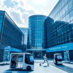A modern, high-tech university campus with sleek glass buildings, advanced robotics labs, students working with holographic displays and AI interfaces, futuristic transportation pods, and digital banners displaying 'TuVPoliteh: ведущие технологии' in elegant Cyrillic typography, all under a bright sky with subtle circuit-patterned clouds, conveying innovation and academic excellence