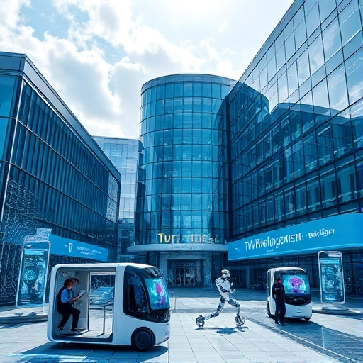 A modern, high-tech university campus with sleek glass buildings, advanced robotics labs, students working with holographic displays and AI interfaces, futuristic transportation pods, and digital banners displaying 'TuVPoliteh: ведущие технологии' in elegant Cyrillic typography, all under a bright sky with subtle circuit-patterned clouds, conveying innovation and academic excellence