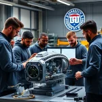 A modern engineering workshop with diverse engineers collaborating on a futuristic mechanical design, blueprints on digital screens, precision tools, and a subtle university emblem in the background, conveying innovation and technical excellence