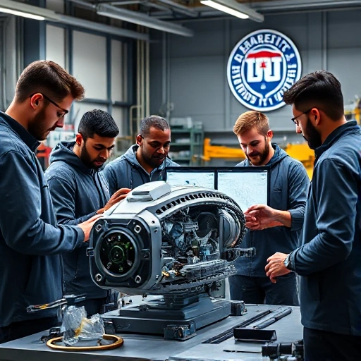 A modern engineering workshop with diverse engineers collaborating on a futuristic mechanical design, blueprints on digital screens, precision tools, and a subtle university emblem in the background, conveying innovation and technical excellence