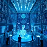 A modern technological innovation hub with sleek futuristic architecture, glowing circuit patterns on glass facades, engineers in smart uniforms collaborating around holographic displays of AI models and robotics, soft ambient blue and silver lighting, high detail, ultra-realistic, smallHQ style