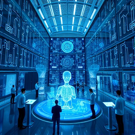 A modern technological innovation hub with sleek futuristic architecture, glowing circuit patterns on glass facades, engineers in smart uniforms collaborating around holographic displays of AI models and robotics, soft ambient blue and silver lighting, high detail, ultra-realistic, smallHQ style