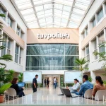 A modern university campus building with the name 'tuvpoliteh' displayed on a sign, surrounded by students collaborating in a bright, tech-focused environment, showing best practices in education: interactive whiteboards, laptops, sustainable design, and diverse students engaged in group work, all in a clean, professional, high-quality visual style