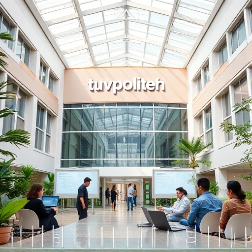 A modern university campus building with the name 'tuvpoliteh' displayed on a sign, surrounded by students collaborating in a bright, tech-focused environment, showing best practices in education: interactive whiteboards, laptops, sustainable design, and diverse students engaged in group work, all in a clean, professional, high-quality visual style
