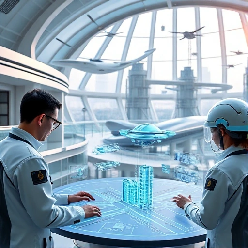 A futuristic engineering hub with sleek modern architecture, engineers in smart uniforms collaborating around holographic blueprints of advanced infrastructure — floating drones, sustainable energy systems, and high-speed transit networks visible in the background, all rendered in a clean, high-detail, smallHQ style