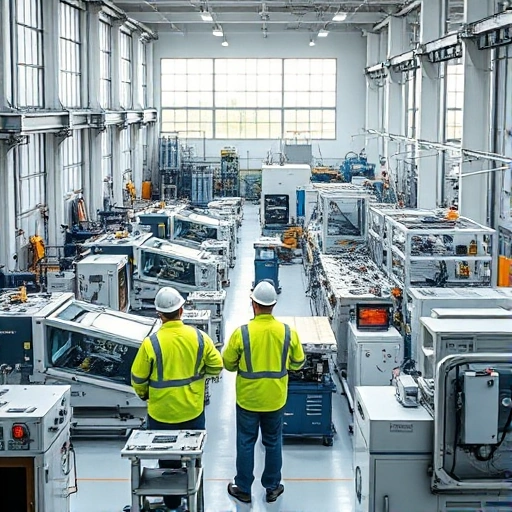 A modern industrial facility in Uzbekistan, showing the Tuvpoliteh production area with advanced machinery, engineers in safety gear overseeing automated assembly lines, high-tech manufacturing equipment, clean organized workspace, soft natural lighting from large windows, subtle Uzbek architectural elements in the background, professional and innovative atmosphere