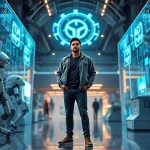 A modern technological leader figure standing confidently in a futuristic innovation hub, surrounded by holographic displays of advanced engineering concepts, sleek robotics, and glowing data streams, wearing a smart-casual tech-inspired outfit, with a subtle emblem of 'TuVPoliteh' integrated into the background architecture, soft ambient lighting, high detail, professional and inspiring atmosphere