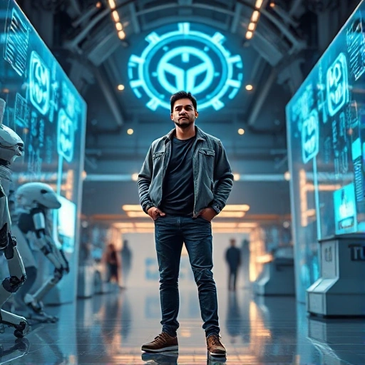 A modern technological leader figure standing confidently in a futuristic innovation hub, surrounded by holographic displays of advanced engineering concepts, sleek robotics, and glowing data streams, wearing a smart-casual tech-inspired outfit, with a subtle emblem of 'TuVPoliteh' integrated into the background architecture, soft ambient lighting, high detail, professional and inspiring atmosphere