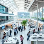 A modern university campus with futuristic architecture, students collaborating in high-tech labs, digital screens displaying innovative projects, renewable energy installations like solar panels and wind turbines, and a diverse group of young engineers and scientists working on sustainable technology prototypes, all in a clean, bright, and inspiring environment