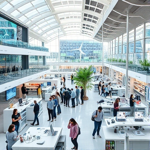 A modern university campus with futuristic architecture, students collaborating in high-tech labs, digital screens displaying innovative projects, renewable energy installations like solar panels and wind turbines, and a diverse group of young engineers and scientists working on sustainable technology prototypes, all in a clean, bright, and inspiring environment