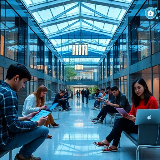 A modern university campus with digital technology elements, showing students using laptops and tablets in a high-tech classroom, with abstract digital economy symbols like data streams, blockchain icons, and network graphs subtly integrated into the background, representing the connection between tuvpoliteh and the digital economy