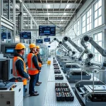 A modern industrial facility with advanced machinery, engineers in safety gear monitoring automated production lines, digital displays showing real-time data, sleek robotic arms assembling components, clean and high-tech environment, soft natural lighting from large windows, subtle branding elements suggesting 'tuvpoliteh' without text, emphasizing innovation and precision in manufacturing
