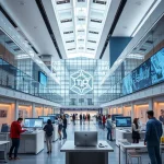 A modern university campus with futuristic architecture, students collaborating in high-tech labs, digital screens displaying engineering innovations, and a subtle emblem of 'tuvpoliteh' integrated into the design, conveying progress and academic excellence