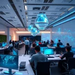 A modern, innovative tech hub interior with diverse young professionals collaborating at sleek workstations, holographic data displays floating in the air, abstract geometric patterns on walls symbolizing forward-thinking ideas, soft ambient lighting with blue and cyan accents, minimalist futuristic design, no text or signage visible