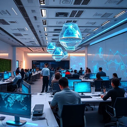 A modern, innovative tech hub interior with diverse young professionals collaborating at sleek workstations, holographic data displays floating in the air, abstract geometric patterns on walls symbolizing forward-thinking ideas, soft ambient lighting with blue and cyan accents, minimalist futuristic design, no text or signage visible