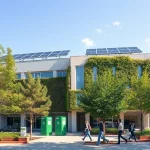 A modern university campus building with eco-friendly features such as solar panels on the roof, green walls with vegetation, recycling stations, and students in casual clothing walking past, surrounded by trees and clean air, symbolizing tuvpoliteh and environmental safety