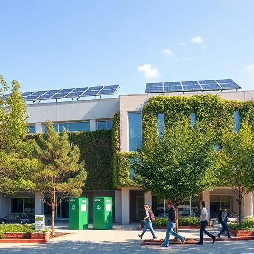 A modern university campus building with eco-friendly features such as solar panels on the roof, green walls with vegetation, recycling stations, and students in casual clothing walking past, surrounded by trees and clean air, symbolizing tuvpoliteh and environmental safety