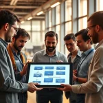 A modern, professional office environment with a diverse team of engineers and managers collaborating around a digital tablet displaying a flowchart labeled 'tuvpoliteh: ключ к успешному предприятию', subtle glowing circuit patterns in the background symbolizing innovation and efficiency, warm natural lighting, high detail, realistic style