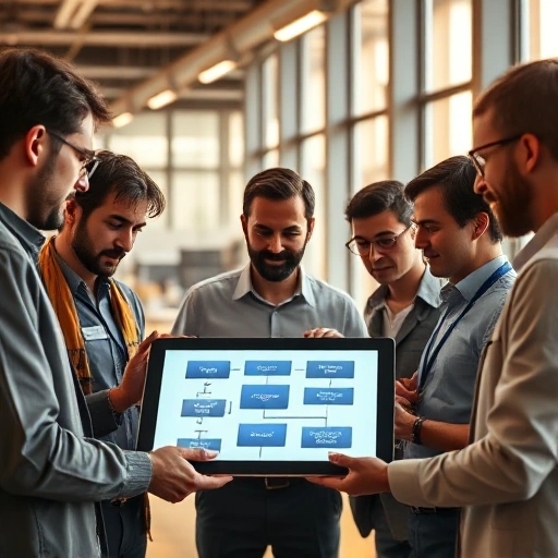 A modern, professional office environment with a diverse team of engineers and managers collaborating around a digital tablet displaying a flowchart labeled 'tuvpoliteh: ключ к успешному предприятию', subtle glowing circuit patterns in the background symbolizing innovation and efficiency, warm natural lighting, high detail, realistic style