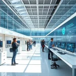 A modern university campus with advanced technology labs, students using VR headsets and robotics, sleek architecture with glass and steel, digital displays showing engineering concepts, bright daylight, futuristic yet realistic style