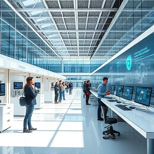 A modern university campus with advanced technology labs, students using VR headsets and robotics, sleek architecture with glass and steel, digital displays showing engineering concepts, bright daylight, futuristic yet realistic style