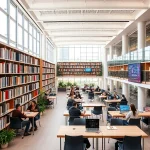 A modern university campus with students studying in a bright library, attending a lecture in a high-tech classroom, and collaborating on a group project in a co-working space, all reflecting the theme of education and development at TuvPoliteh