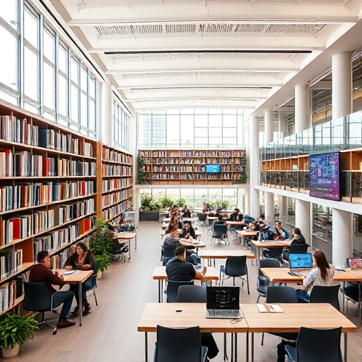 A modern university campus with students studying in a bright library, attending a lecture in a high-tech classroom, and collaborating on a group project in a co-working space, all reflecting the theme of education and development at TuvPoliteh