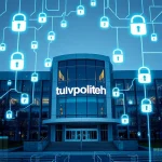 A modern university campus building with the name 'tuvpoliteh' visible on a sign, surrounded by digital shields, glowing network lines, and cybersecurity symbols like padlocks and code streams, representing the integration of Tuvpoliteh and cybersecurity, in a clean, high-detail, futuristic tech aesthetic