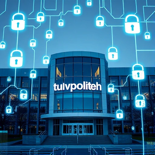 A modern university campus building with the name 'tuvpoliteh' visible on a sign, surrounded by digital shields, glowing network lines, and cybersecurity symbols like padlocks and code streams, representing the integration of Tuvpoliteh and cybersecurity, in a clean, high-detail, futuristic tech aesthetic