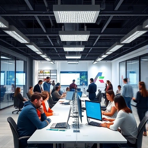 A modern office space with sleek technology, diverse professionals collaborating, digital screens displaying data, minimalist design with subtle branding elements reflecting a forward-thinking company culture, no text or letters visible