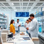A modern university campus with students and professors collaborating in a high-tech laboratory, surrounded by scientific equipment, books, and digital screens displaying data, symbolizing the fusion of science and practice, in a clean, professional, and inspiring atmosphere