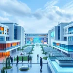 A modern university campus in Tashkent with futuristic architecture, students collaborating in a high-tech lab, holographic displays showing engineering designs, and renewable energy systems like solar panels on rooftops, symbolizing innovation and technical education at tuvpoliteh