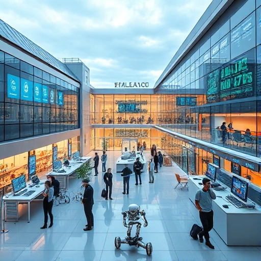 A modern university campus with innovative technology labs, students collaborating on robotics and AI projects, solar panels on buildings, digital displays showing research data, futuristic architecture with glass and steel, vibrant but professional atmosphere, no text or signage visible