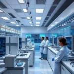A modern scientific laboratory with researchers in white coats working at high-tech equipment, digital screens displaying data, futuristic design, clean and professional atmosphere, subtle hints of innovation and technology, no text or labels visible