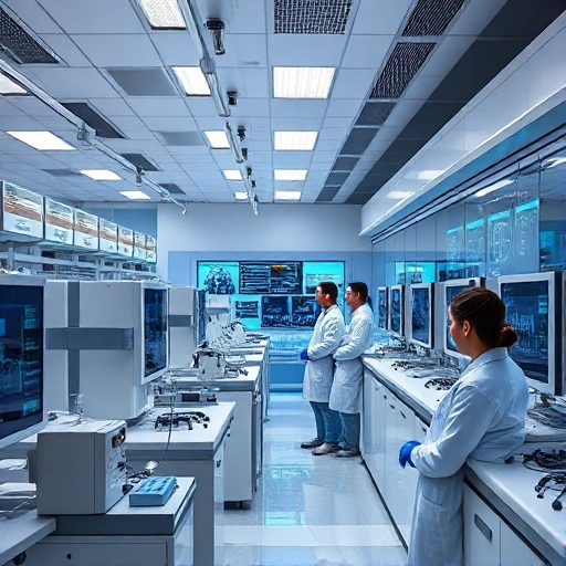 A modern scientific laboratory with researchers in white coats working at high-tech equipment, digital screens displaying data, futuristic design, clean and professional atmosphere, subtle hints of innovation and technology, no text or labels visible