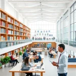 A modern university campus with students studying in a bright library, collaborative group work in a tech lab, and a professor giving a lecture, all conveying success and academic excellence in a clean, professional style
