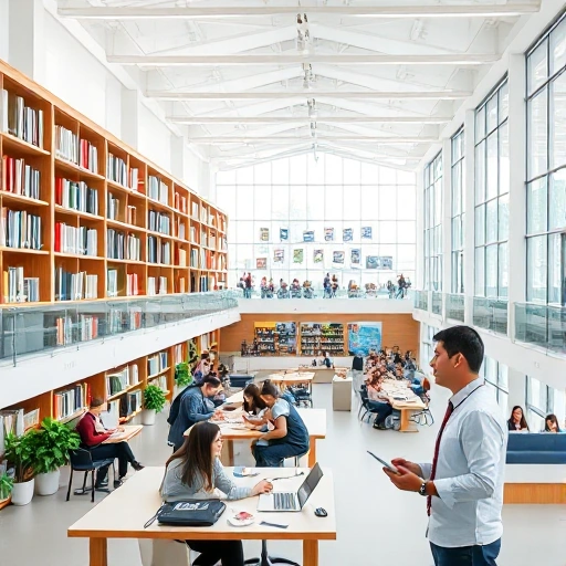 A modern university campus with students studying in a bright library, collaborative group work in a tech lab, and a professor giving a lecture, all conveying success and academic excellence in a clean, professional style