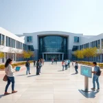 A modern university campus in Tashkent with futuristic architecture, students using advanced technology like holographic displays and robotics, symbolizing technological progress at Tuvpoliteh, clean lines, bright daylight, innovative atmosphere
