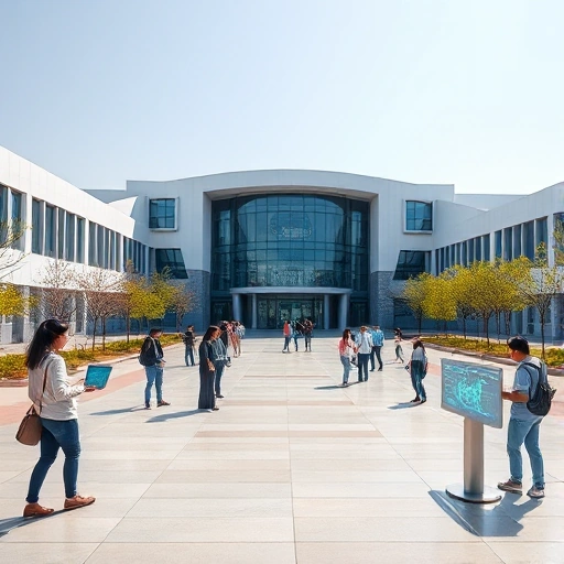 A modern university campus in Tashkent with futuristic architecture, students using advanced technology like holographic displays and robotics, symbolizing technological progress at Tuvpoliteh, clean lines, bright daylight, innovative atmosphere