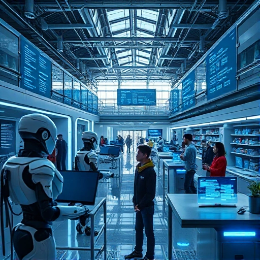 A futuristic university campus with AI-powered robots assisting students in a modern engineering lab, holographic displays showing code and data streams, sleek metallic architecture with glowing blue accents, students of diverse backgrounds collaborating on AI projects, soft ambient lighting, high detail, realistic rendering
