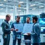 A modern engineering team collaborating in a high-tech laboratory, reviewing blueprints and 3D models on transparent screens, with sleek machinery and innovative prototypes in the background, symbolizing cutting-edge engineering solutions