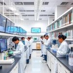 A modern university research laboratory with scientists in lab coats conducting experiments, surrounded by advanced equipment, digital screens displaying data, and bookshelves with scientific journals, all in a clean, bright, and professional environment reflecting academic excellence in science and technology