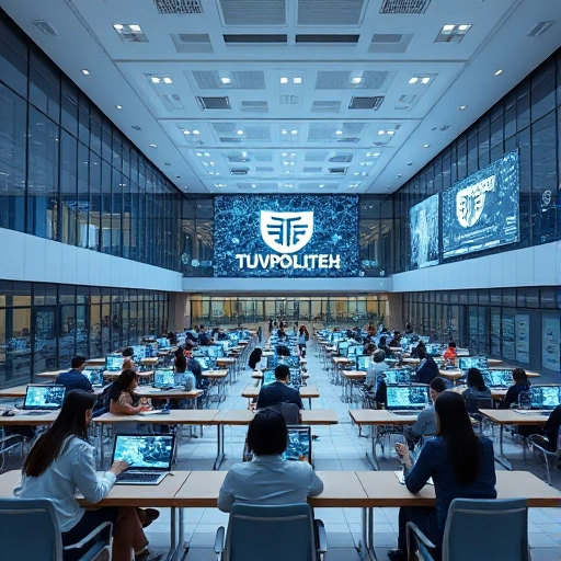 A modern university campus in Tashkent with digital transformation elements: students using tablets and laptops, holographic data flows, smart classrooms with interactive screens, and the Tuvpoliteh logo subtly integrated into the architecture, all in a clean, futuristic, high-detail style