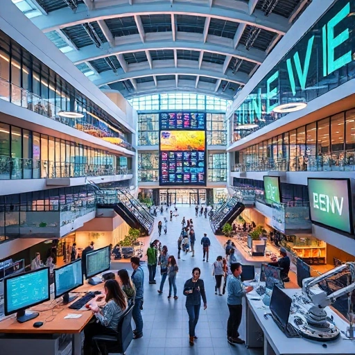 A modern university campus with futuristic architecture, students collaborating in high-tech labs, digital screens displaying innovation metrics, renewable energy installations, and diverse individuals working on robotics and AI projects, all conveying progress and transformation in education and technology