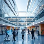 A modern university campus with sleek futuristic buildings, students collaborating on advanced robotics and AI projects, holographic displays showing technological innovations, clean lines, bright natural light, high detail, realistic rendering