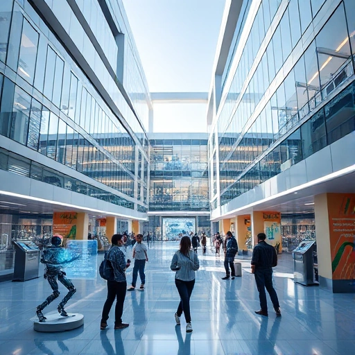 A modern university campus with sleek futuristic buildings, students collaborating on advanced robotics and AI projects, holographic displays showing technological innovations, clean lines, bright natural light, high detail, realistic rendering