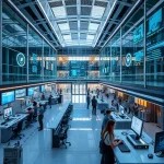 A futuristic university campus with modern technology labs, students working on robotics and AI projects, holographic displays showing data streams, sleek architecture with glass and steel, soft ambient lighting, representing 'tuvpoliteh в мире технологий' (TU Politeh in the World of Technology)
